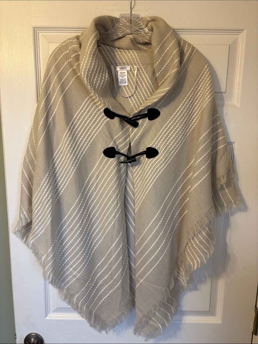 Beige Striped Fringe Poncho with Toggle Closures